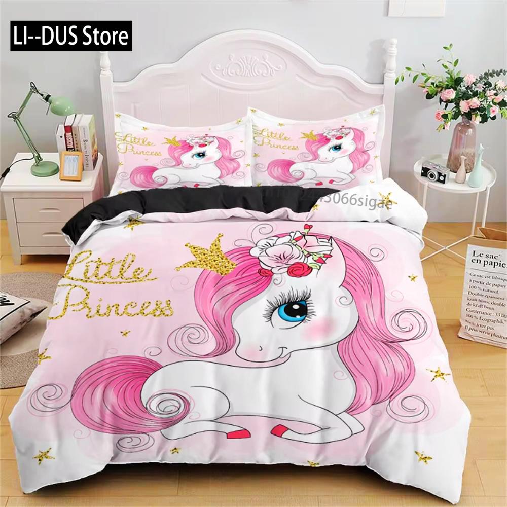 Children Bedding Sets Gifts Unicorn And Colorful Horse Printing Duvet Cover Sets For Kids Girls Boys 2/3 Pcs Single Pink Quilts