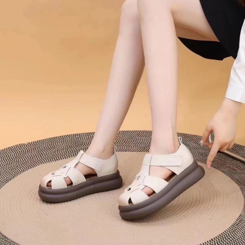 Real soft leather bag head Roman sandals women's 2025 new muffin bottom pig cage shoes thick sole heightened lightweight women's cool