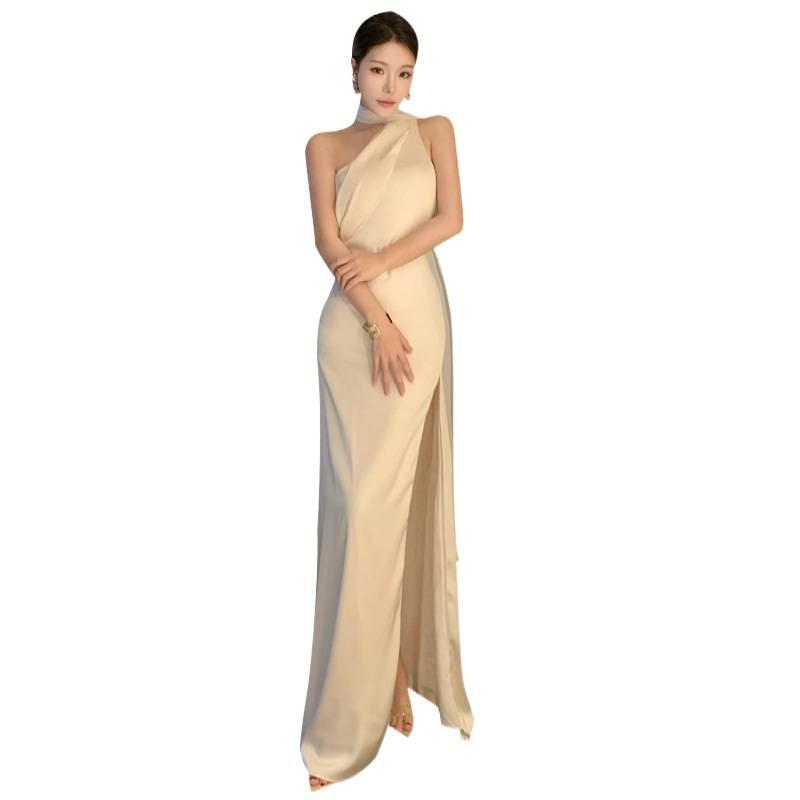 French Temperament Satin Design Slant Shoulder Backless Dress Birthday Party Dress Dress Women