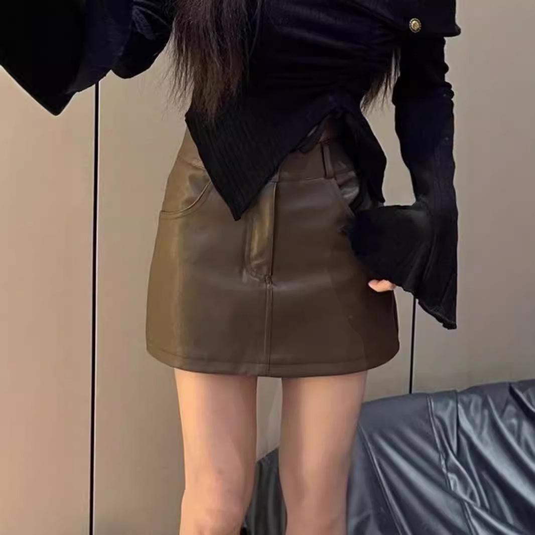 

Женская черная миди-юбка из искусственной кожи с высокой талией - Осенне-зимняя облегающая юбка А-силуэта, универсальная и стройнящая для миниатюрных размеров 3XL