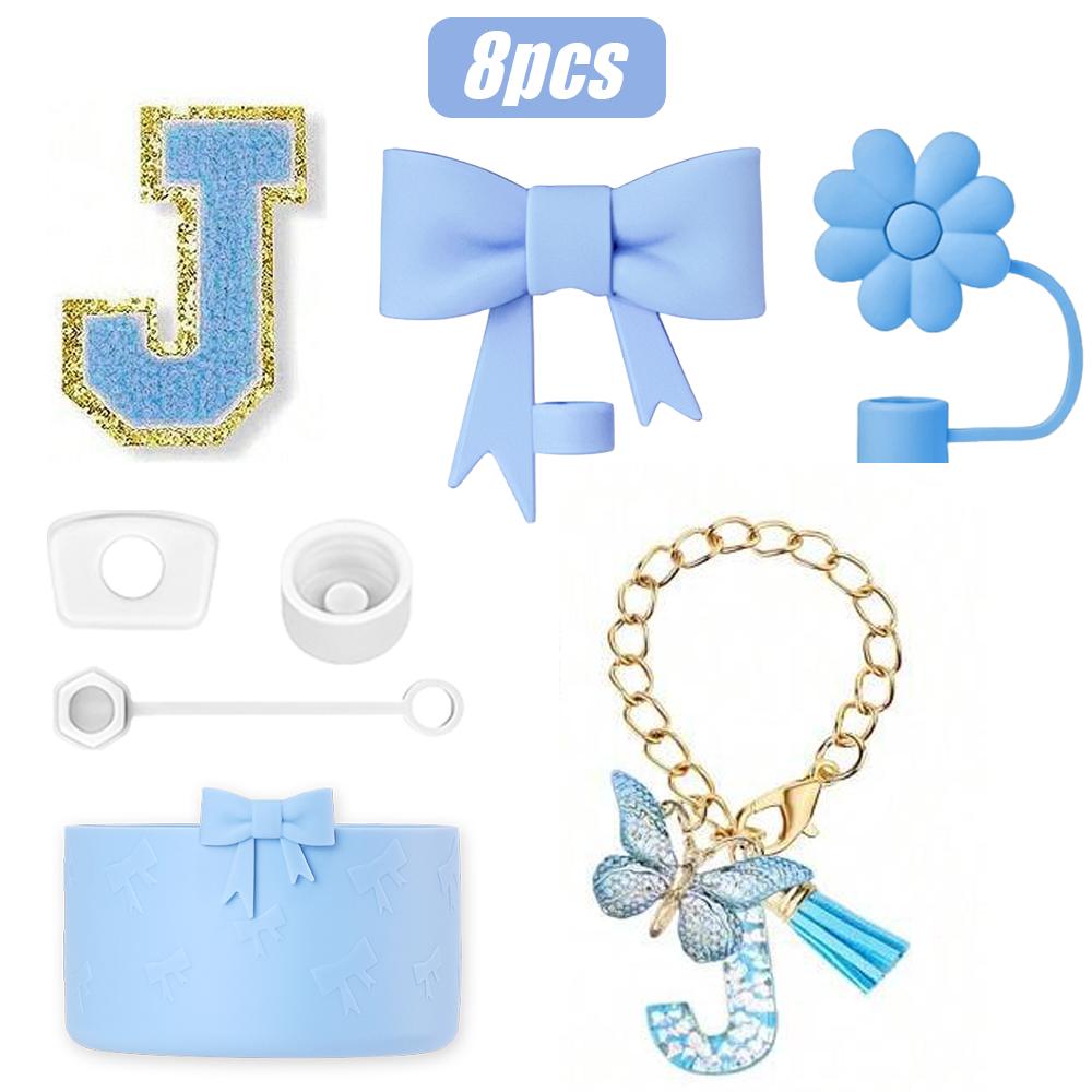 8-teiliges Tassenzubehör-Set für Stanley Cup 30oz 40oz, A-Z Initialen Dekorationen, inklusive Silikon-Strohhalmkappe, Aufkleber