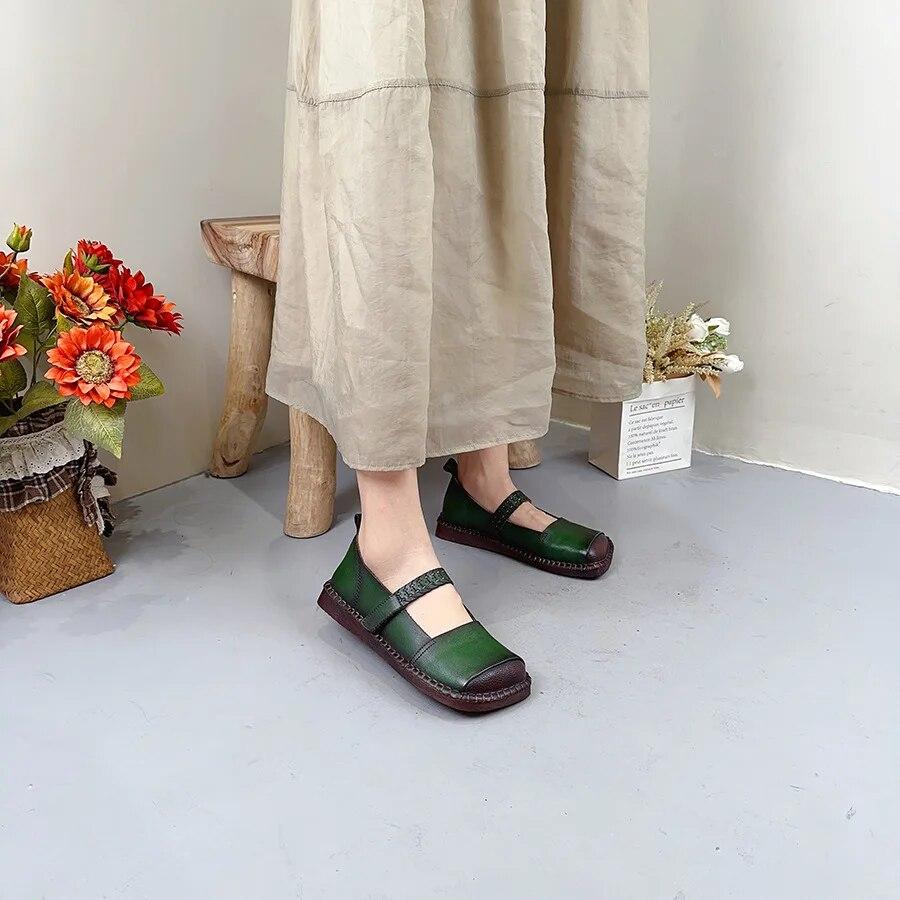 Johnature Pantofi plati cu varf patrat din piele naturala de culoare solida Pantofi de dama retro din piele de vaci cu carlig si bucla