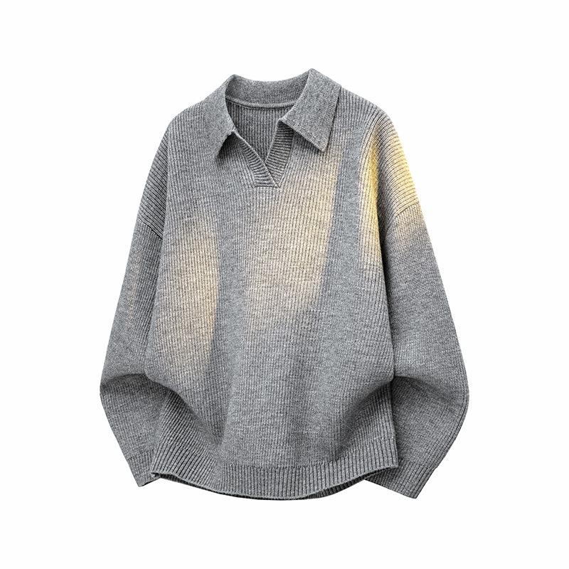 Men Casual Business Loose Long Sleeve Turn Down Collar V Neck Knit Polo Sweater