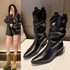 Women Thick Heel Western Boots Women Faux Suede Chunky Heeled Ankle Boots Autumn New Sewing Slip On Knight Pointed Botas Mujer