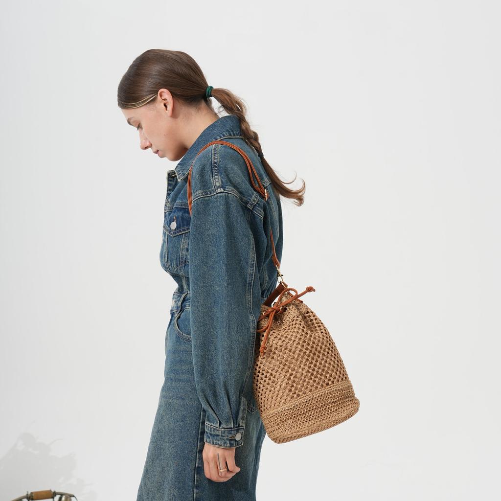 Neue vielseitige Strohgewebte Tasche, Handgewebte Tasche, Eimer-Tasche mit großem Fassungsvermögen, Urlaubs-Strandtasche, Umhänge-Tragetasche