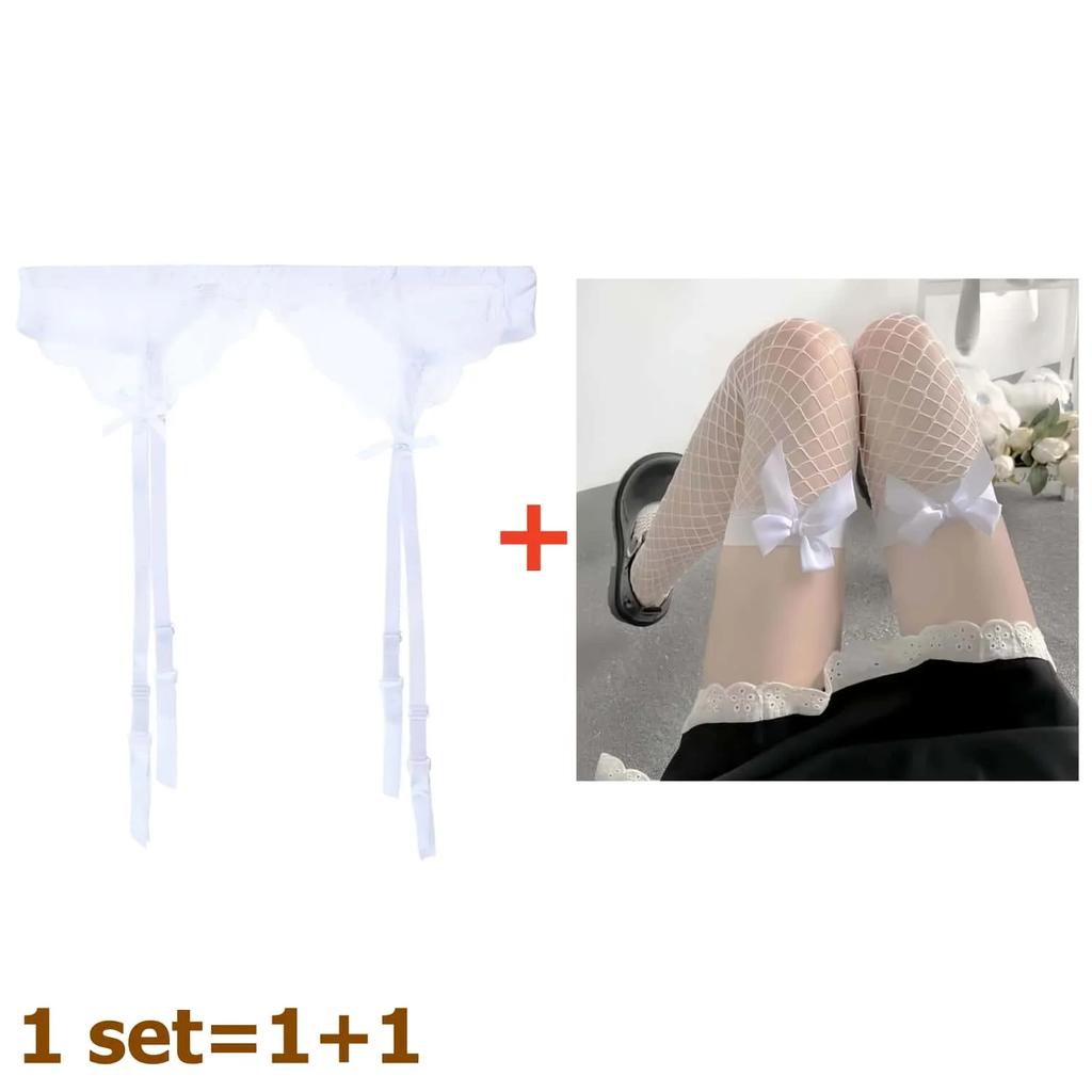 2Pcs Women'S Adjustable Non-Slip Stockings High Waist Garter Belt Plus Size Sock Set Lace Mesh Suspender One-Piece Pantyhose Xxl