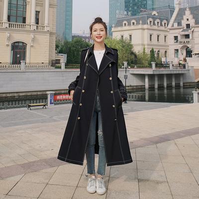 Spring and Autumn Double Topstitched Metal Buckle Mid-length Waisted Temperament Coat Black British Style Windbreaker Jacket for Women