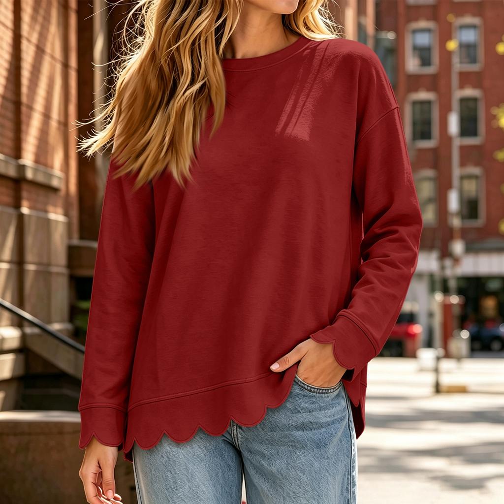 Women's Neck Pullover Sweatshirt with Scalloped Hem, Long Sleeve, Loose Fit, Drop Shoulder, Color