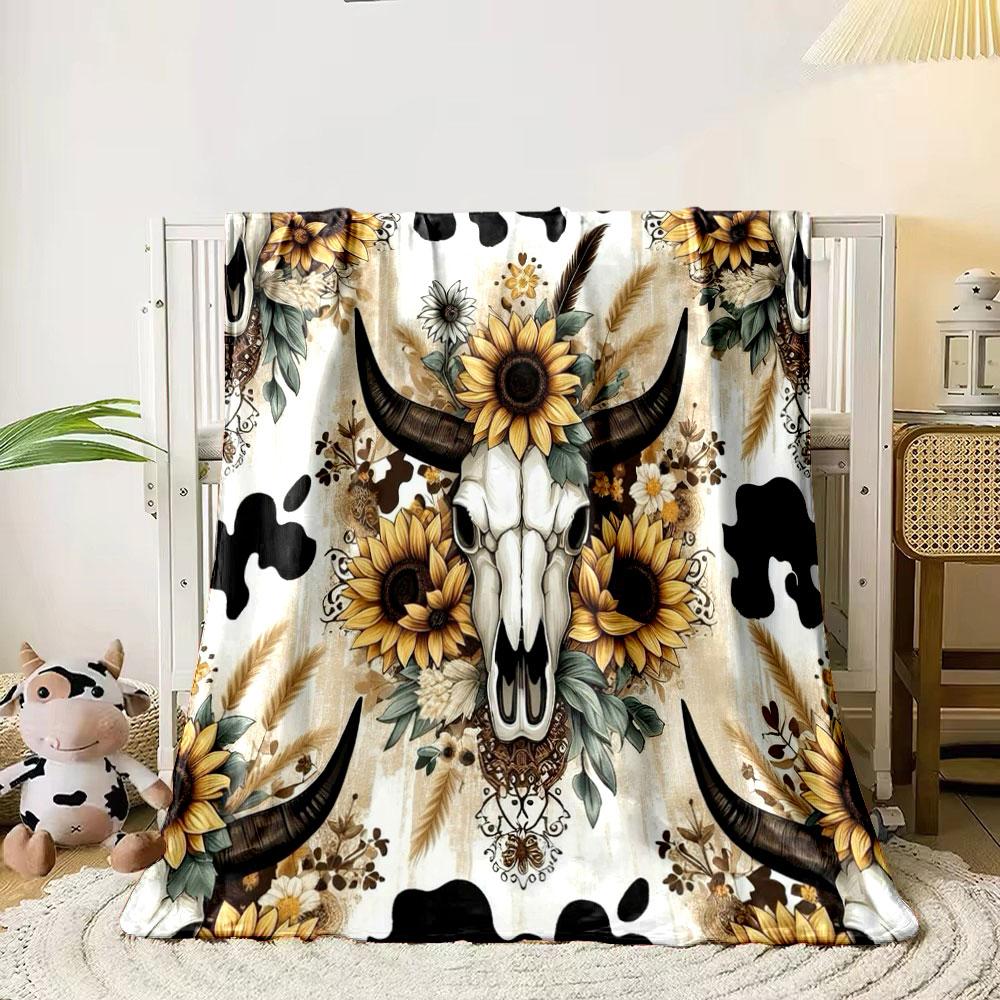 Boho Cow Skull Sunflower Blanket Bedroom Blanket for Livingroom Couch Lunch Break Soft Throw for Friend's Festival Gift