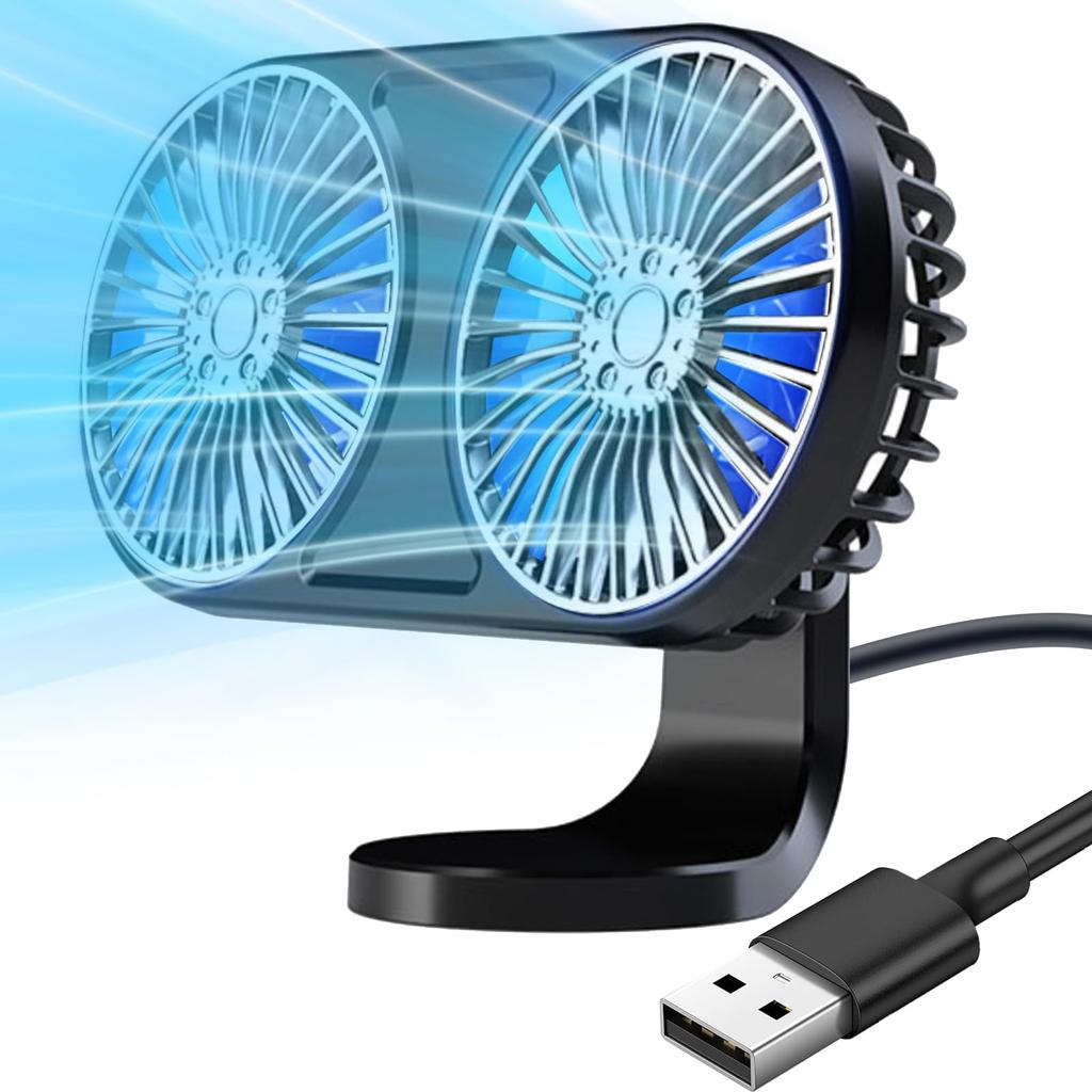 HUAJUN Ventilátor do auta, Dvouhlavý ventilátor, Do auta, Vysoký průtok vzduchu, Otáčení o 360 stupňů, 3 úrovně