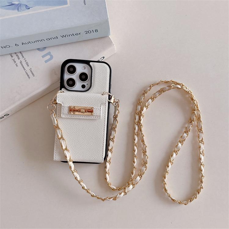 Applicable To Iphone15pro Lychee Pattern Mirror Card Bag Apple 14 Chain Crossbody 13pro Card Function Leather Case