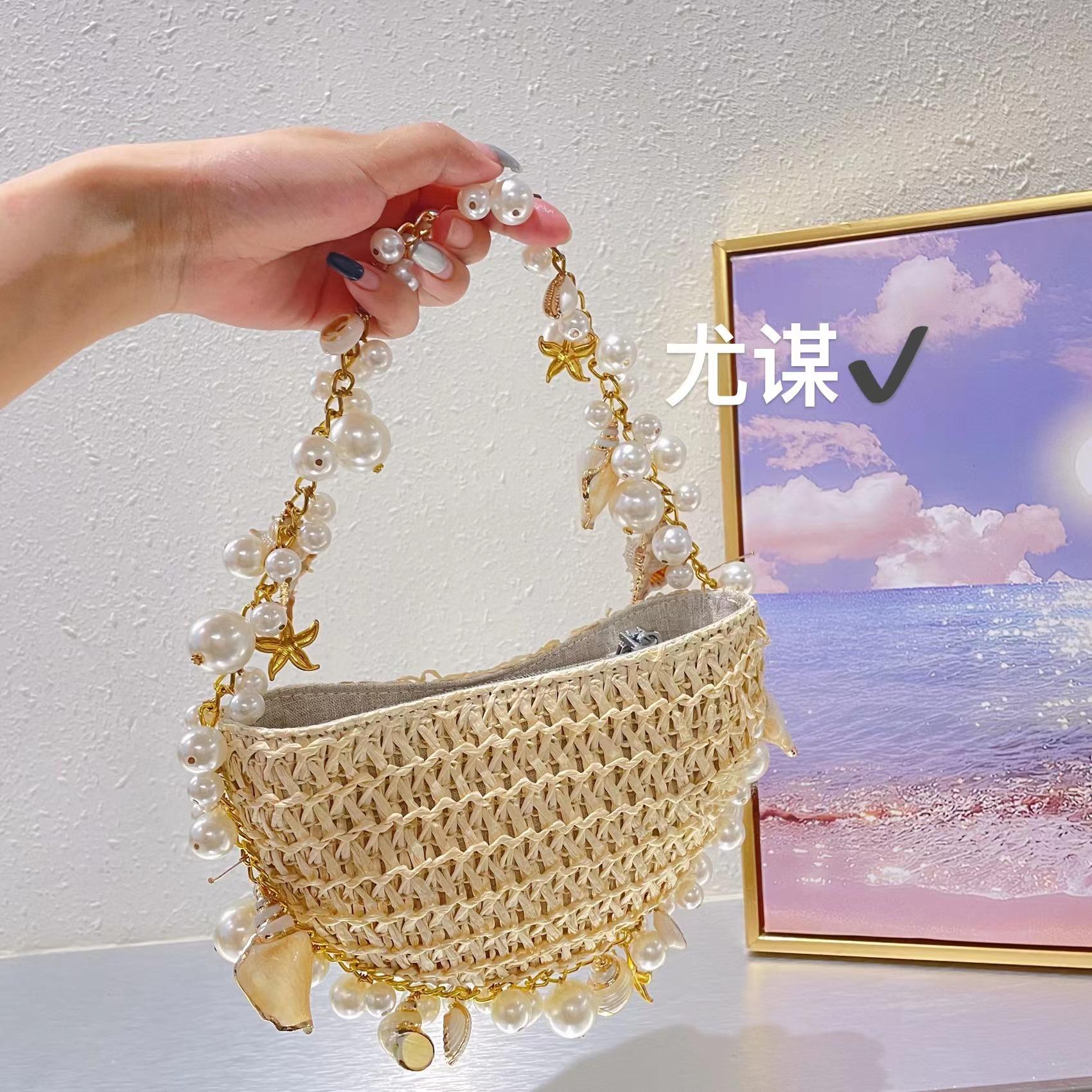 

Bohemian Pearls Straw Bag Conch Starfish Women Handbags Half Moon Beach Shoulder Bag Designer Rattan Crossbody Bags Ladies Tote