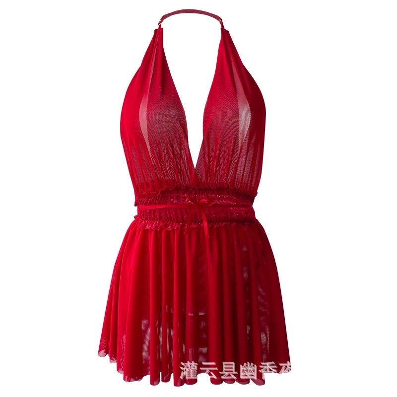New women's deep V temptation backless design perspective double-layer mesh skirt pendulum sexy neck nightdress