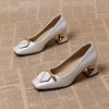 Single shoes women's 2025 spring and autumn French square head light mouth thick heel high heels seven-character buckle temperament one pedal work lea
