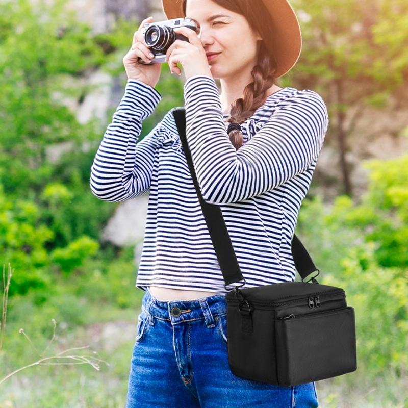 Travel Nylon Camera Carrying Case for Digital SLR Cameras with Plush Compartments Double Pockets and Shoulder Strap