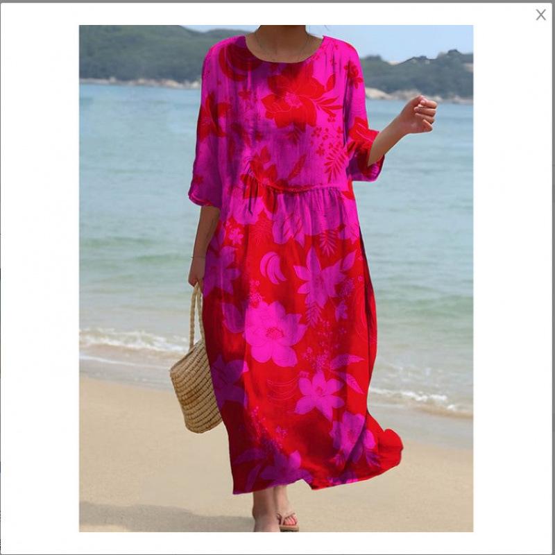Women's Round Neck 3/4 Sleeve Midi Dress Casual Loose Solid Color Beach Vacation Long Dress