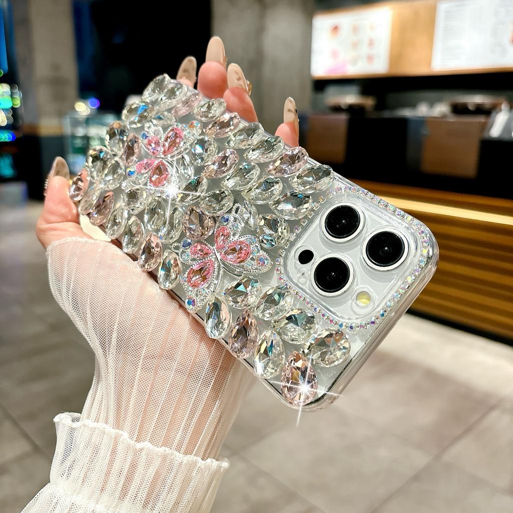 For iPhone 16 Pro Max Case Glass Rhinestone Two Butterfly Decor TPU Phone Back Cover