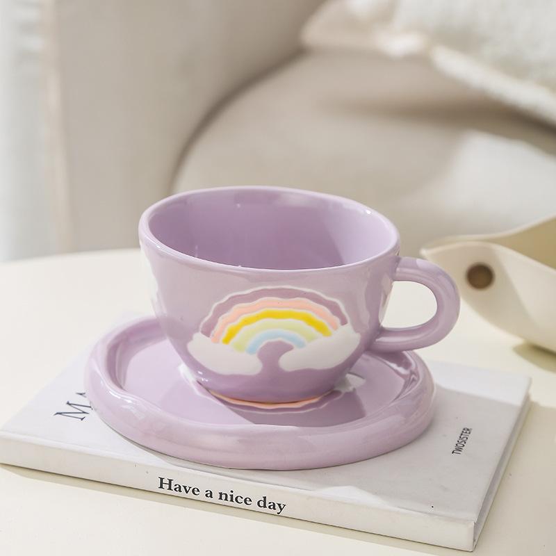 

Hand Painted Rainbow Hand Squeezed Wind Ceramic Coffee Cup And Saucer Set Heavy Industry Water Cup Niche Cup 250ml