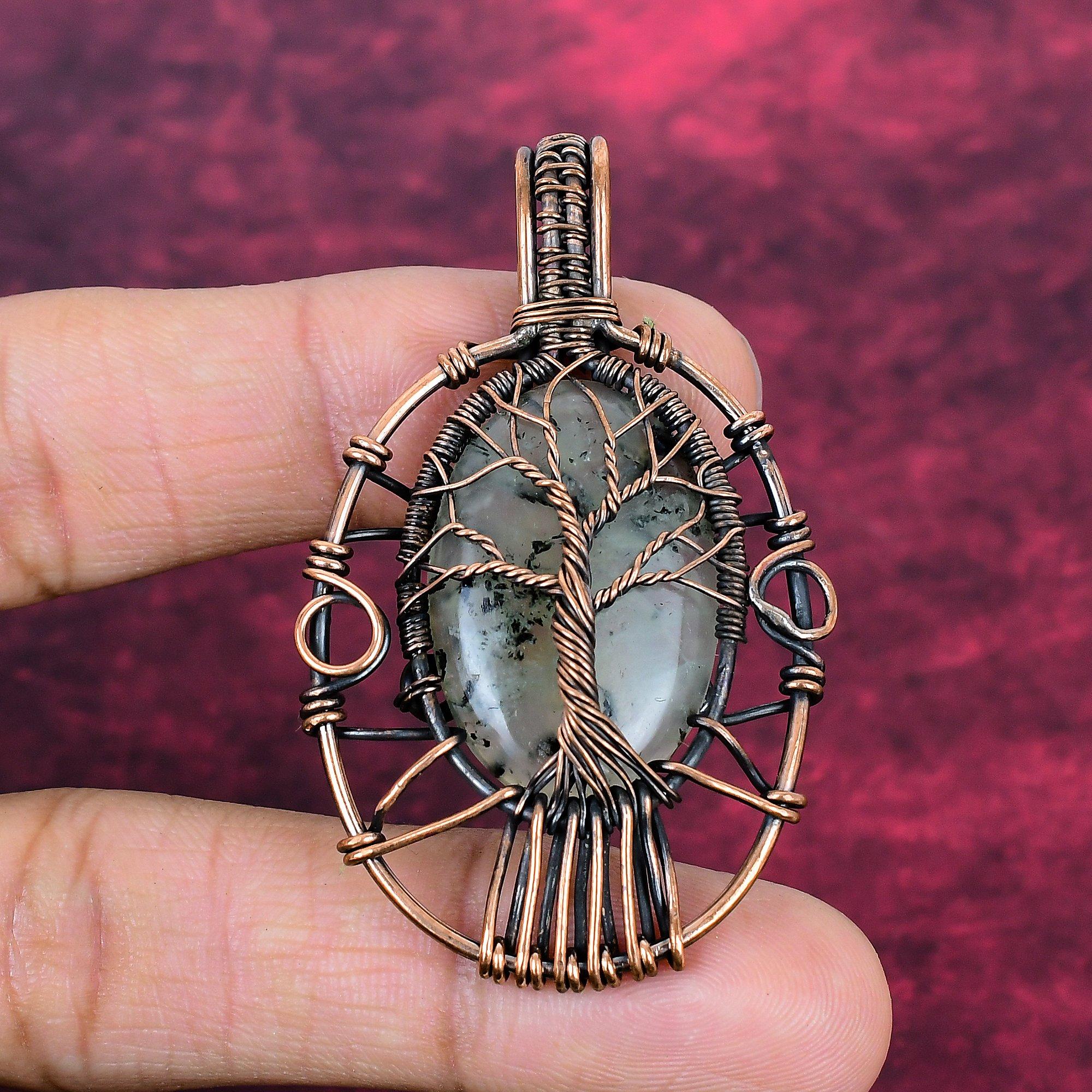 Tree Of Life Moss Prehnite Pendant Copper Wire Wrapped Pendant Gemstone Jewelry