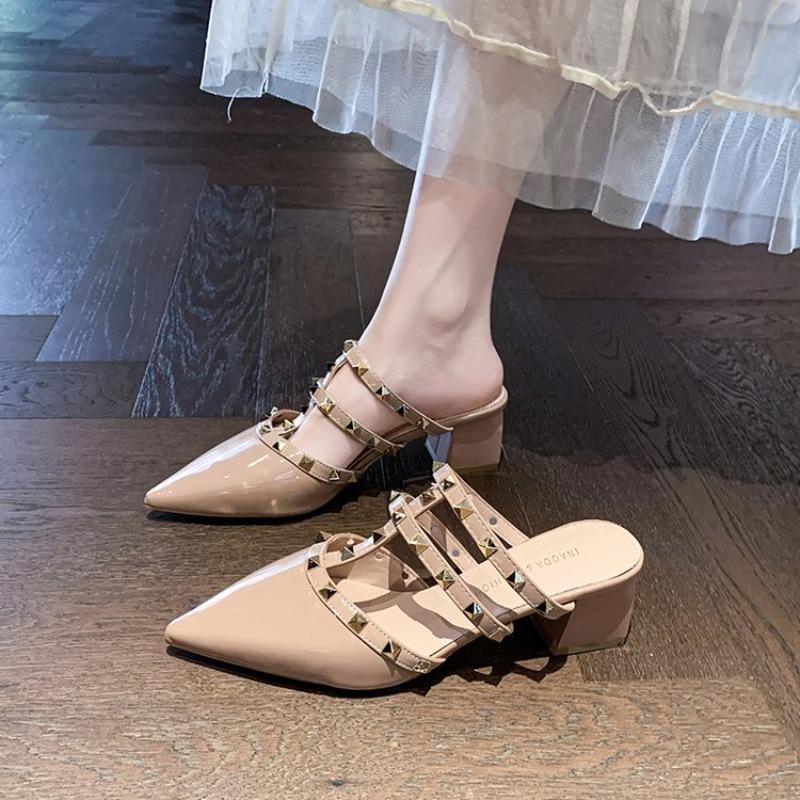 Fashion Women Leather Med Heels Shoes Electroplated Gold Stable Slides Pointy Toe Rivets Stud  Slippers Fashionable