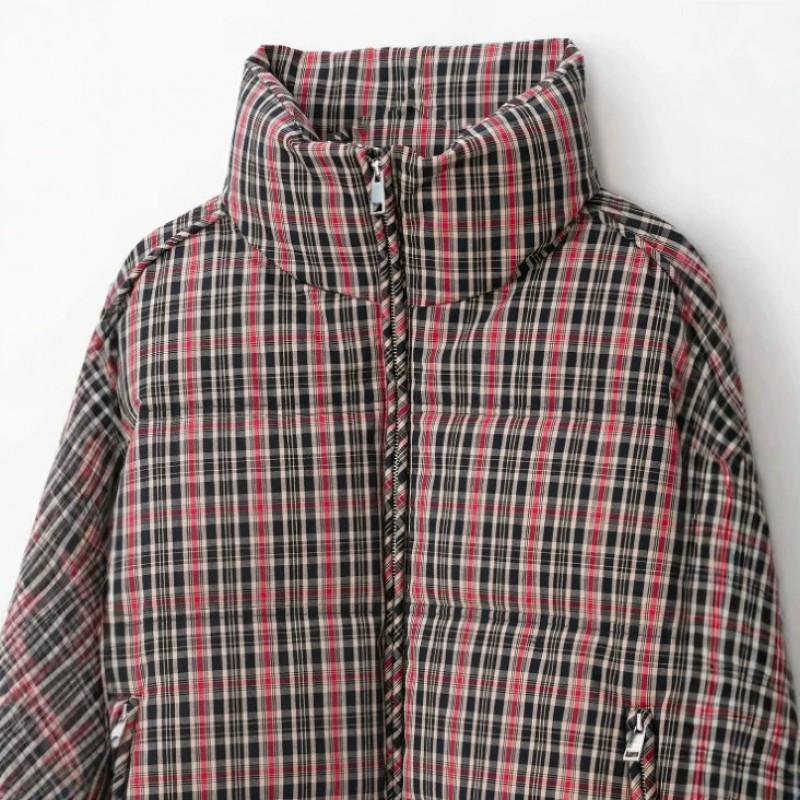 Vintage Plaid Cotton Blend Puffer Jacket Womens Loose Fit Round Neck Casual Winter Coat