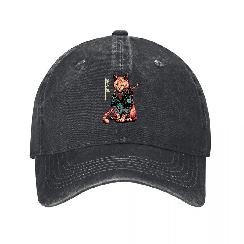 Vintage Cat Warrior Embroidered Canvas Dad Hat Black Washed Baseball Cap with Detailed Animal Design and Classic Fit Style