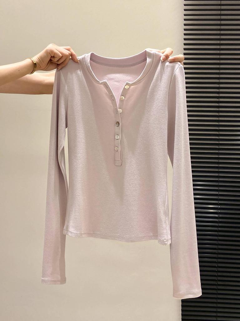 Women's BM-Style Button-Up Henley Long-Sleeve T-Shirt, Slim-Fit Stretchy Top with Imitation Cashmere Lining for Autumn/Winter/Spring