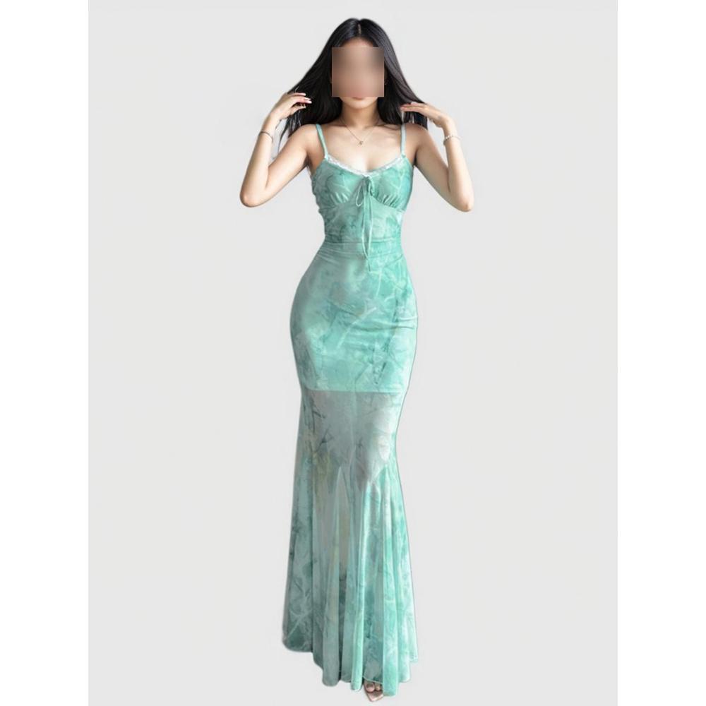 Retro Vacation Wind Beach Photo Mesh Suspender Dress Spring and Summer Waist Hip Wrap Fishtail Long Skirt
