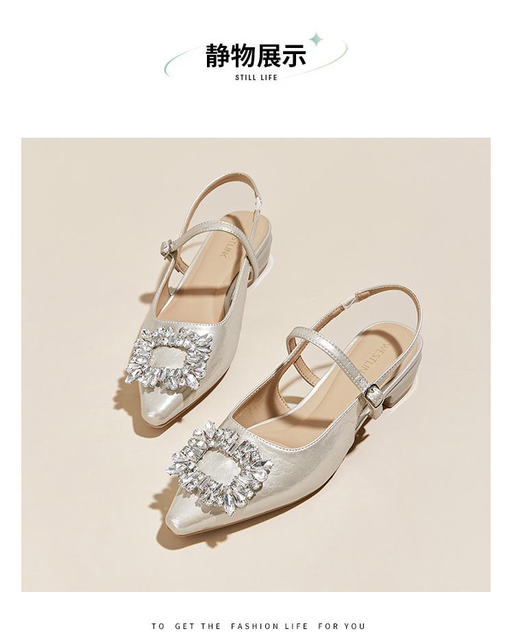 Light luxury wind back empty sandals for women with rhinestone square buckle, pointed toe, low heel, Mary Jane straight strap sandals