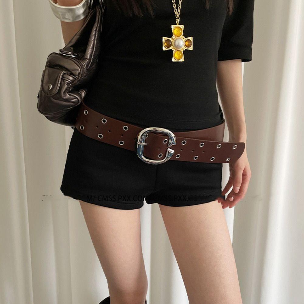 Vintage Women Wide Belt Metal Buckle Punk Style Belt Retro Leather Waistband  Girls