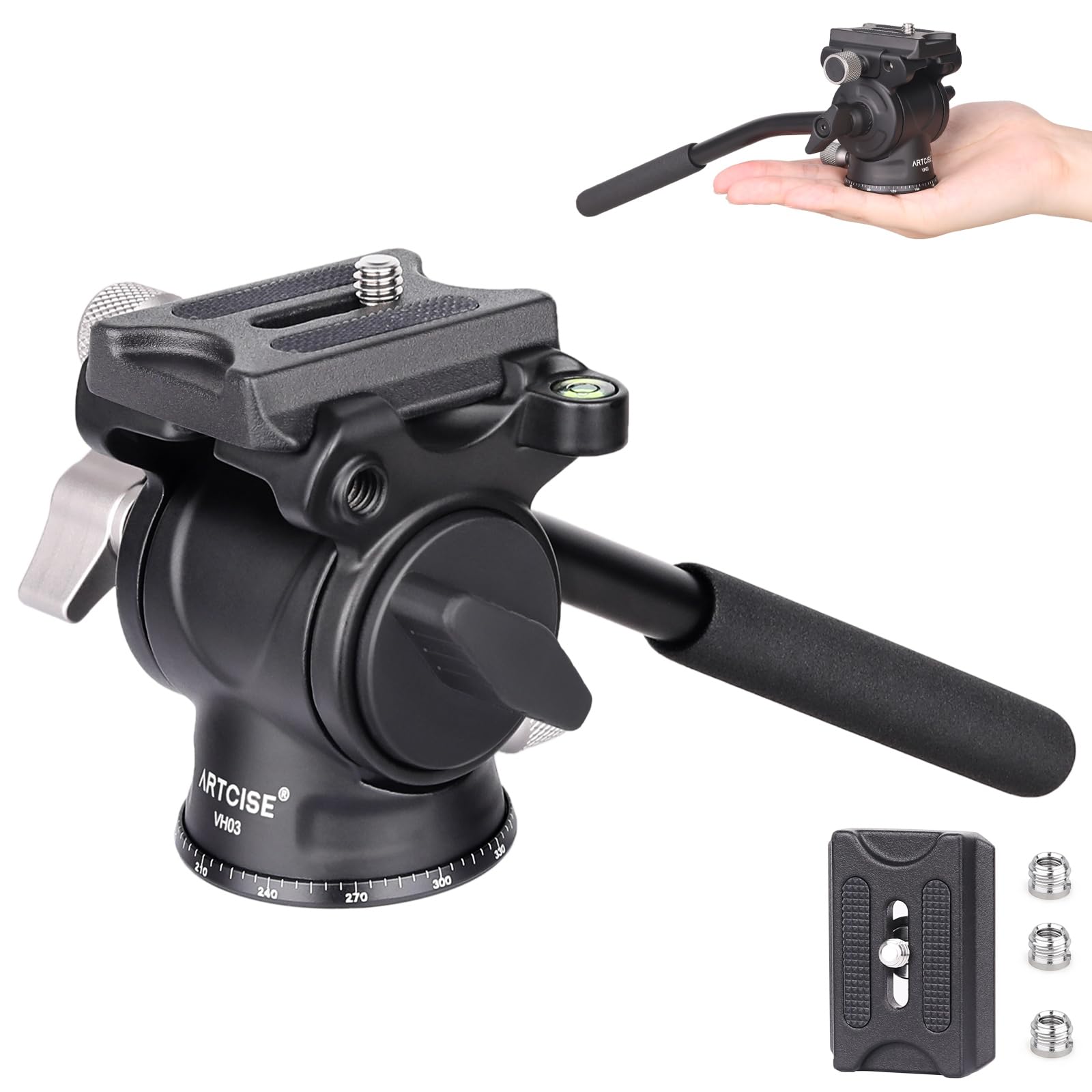 

ARTCISE Fluid Aluminum Compact Video Tripod Panoramic Shooting Fluid Compatible with Load Capacity 3kg 2-Way Head, Alloy, Handle, Head, 360° Rotation, чёрный