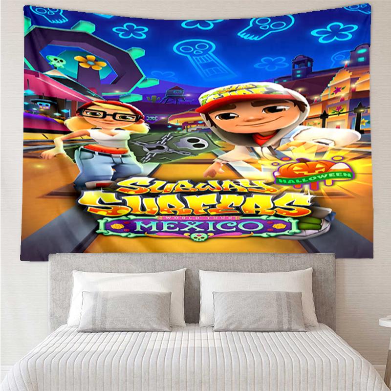 Gobelin z nadrukiem Subway Surfers, Tło, Łatwy montaż, Idealny do sypialni, biura i salonu, z estetycznym dekoracyjnym zawieszeniem na ścianę.