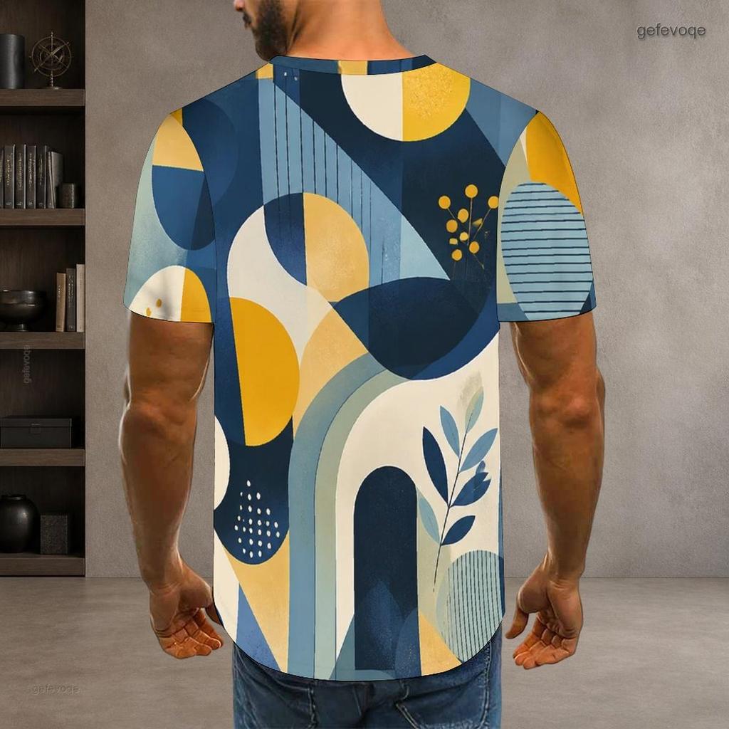 Men Plus Size Round Neck Short Sleeve T Shirt Abstract Geometric Printed Multicolor Casual Pullover