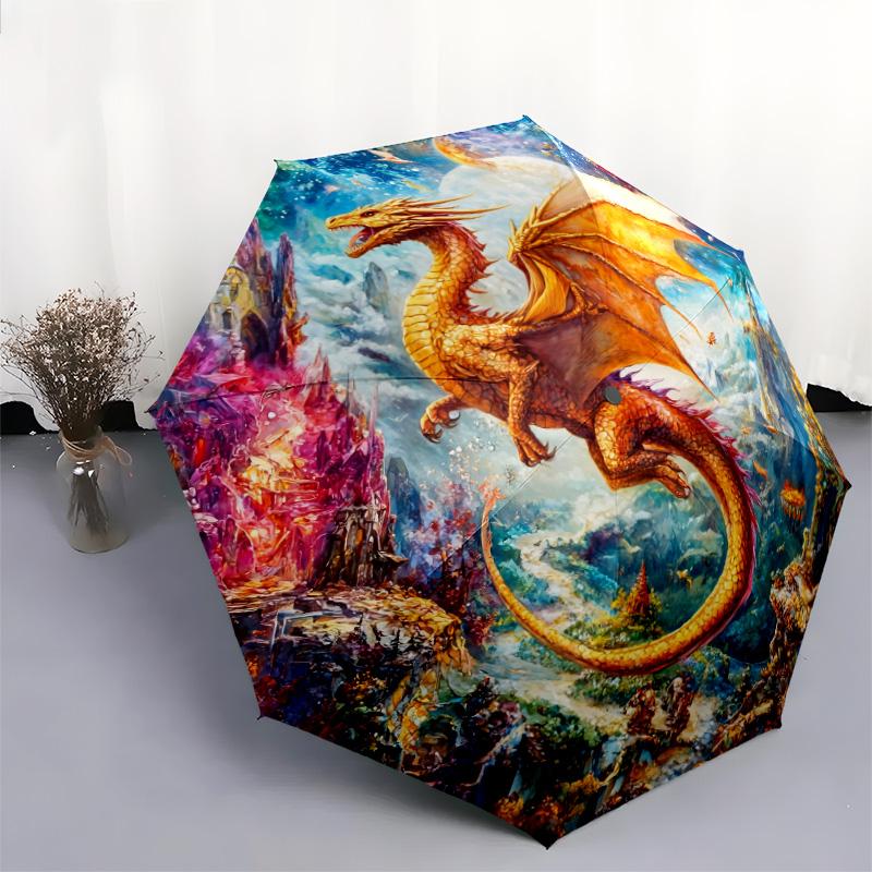 Dragon with Colorful Wings pattern, automatic folding umbrella, portable and foldable design, 8 ribs, a Christmas or birthday gift.
