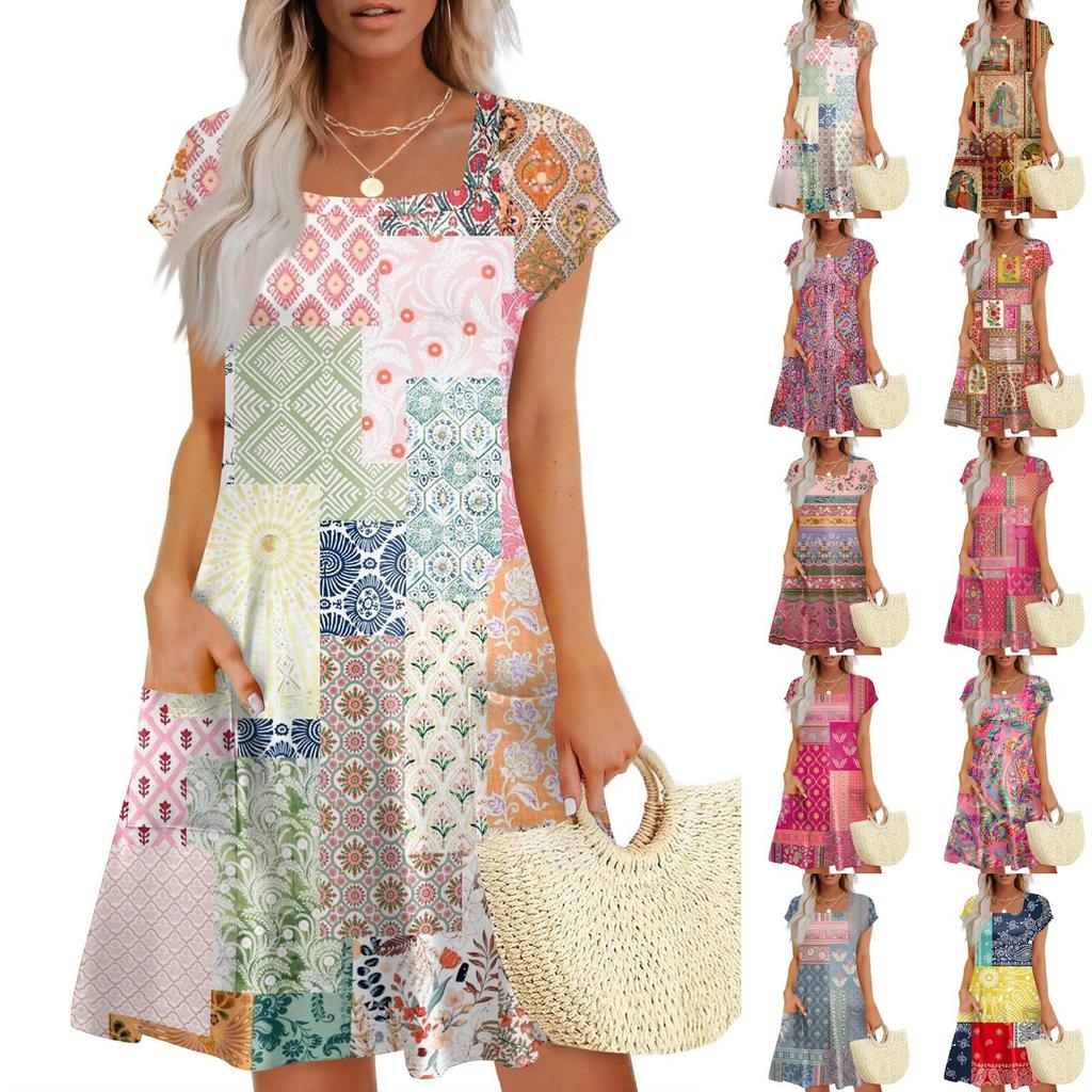 Summer Dresses For Women Loose Square Neck Cap Sleeve Casual Beach Vacation Tshirt Dress Sundresses With Pockets