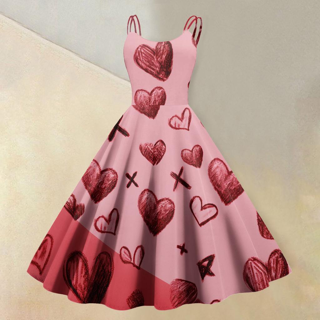 Damen-Kleid mit Valentinstag-Liebesherz-Print, sexy, schulterfrei, Vintage-Kleid