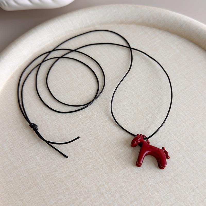 Colorful Enamel Drip Glaze 3D Horse Pendant Necklace - Cute Summer Childlike Choker with Casual Knotting Hoodie Chain