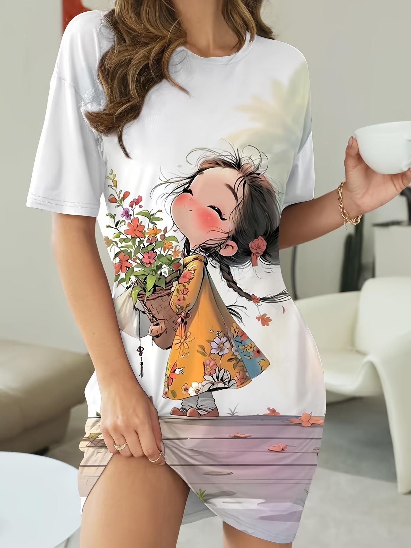 

Ladies Cartoon Bouquet Little Cute Pajama Dress - Comfortable Short Sleeve Round Neck T-Shirt Dress. All-Season Polyester Blend Sleepwear. Machine Wa XS дубильная кора