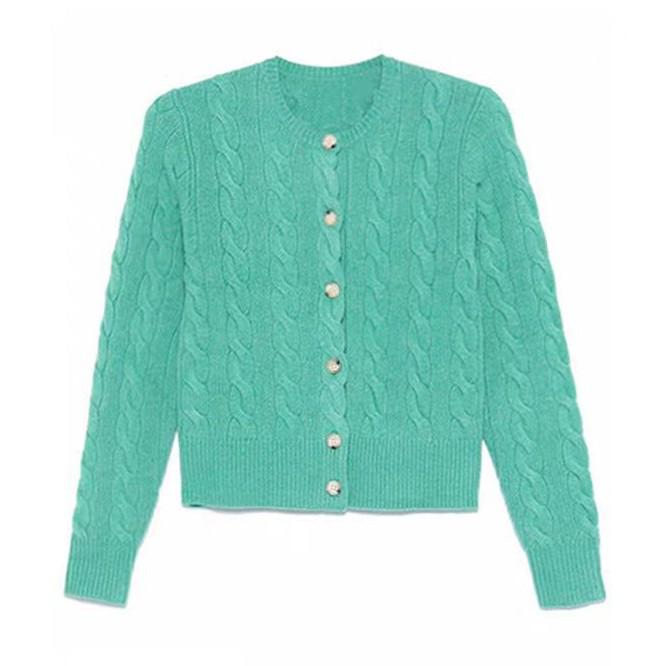 Li Cai Ling Green Cable Knit Round Neck Cardigan - Women's Slim Fit Versatile Sweater, 2025 Spring Collection.