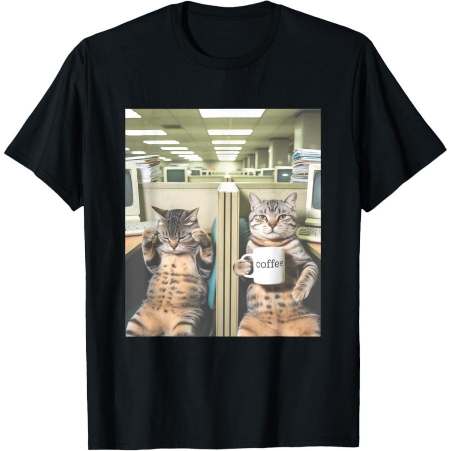 QINGXIUU Cat Coffee Break Cats Office Meme T-Shirt S