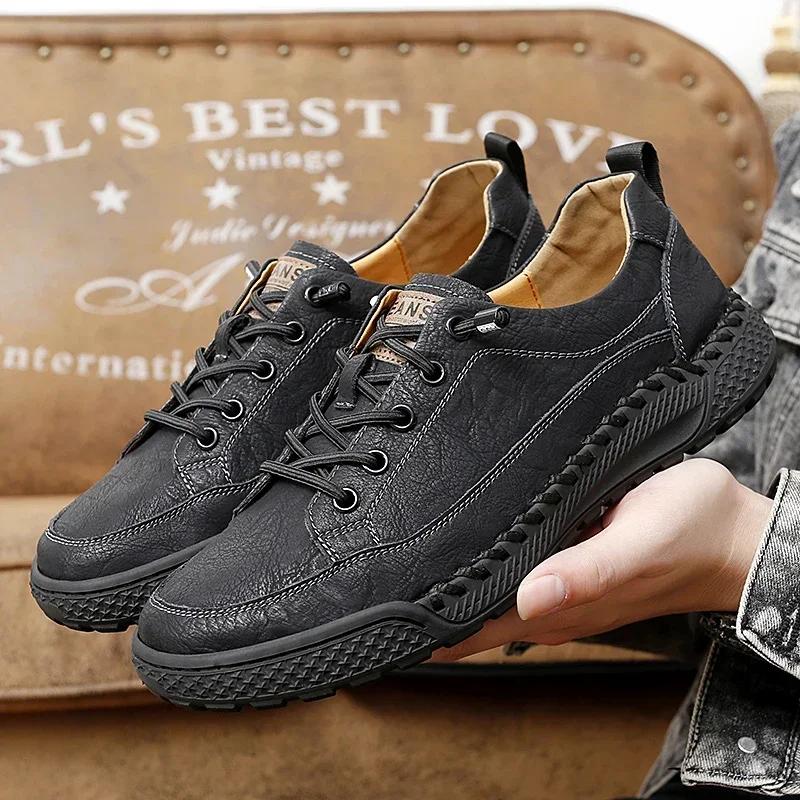 Hand-stitched Casual Leather Shoes For Men Breathable and Waterproof for All Seasons  Lightweight and Durable For Everyday Wear