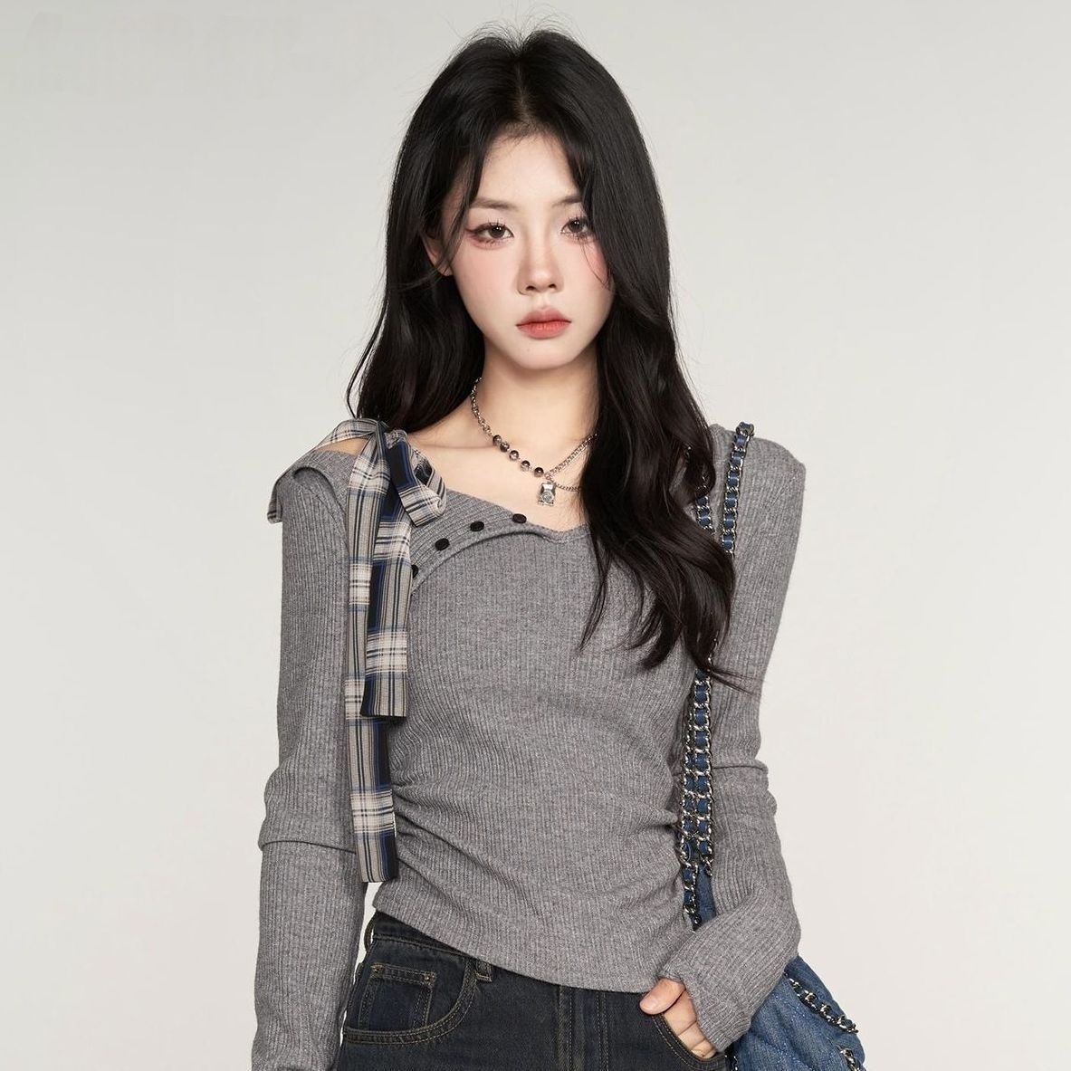 

Asymmetrical Collar Long Sleeve Tshirt Women Fall Slim Fit Basic Tee High End Casual Top Trendy Blouse L