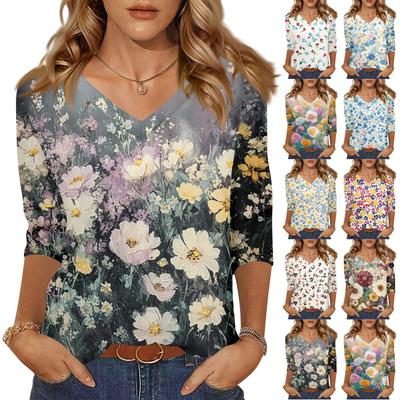 Women's Tops Three-quarter Sleeve Shirt V-neck Loose Casual Shirt Floral Print T-shirt