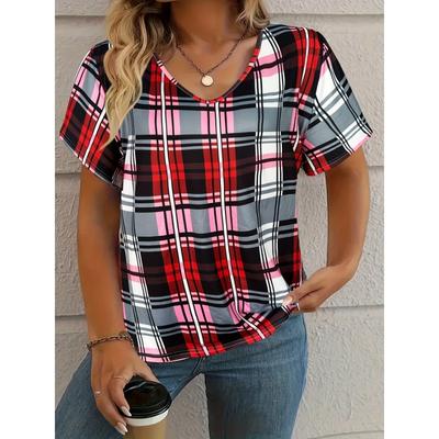 T-shirt Women's Summer Leisure Elegant Simple V-neck Short Sleeve Red Plaid Top Loose Casual Wear Ladies T-shirt