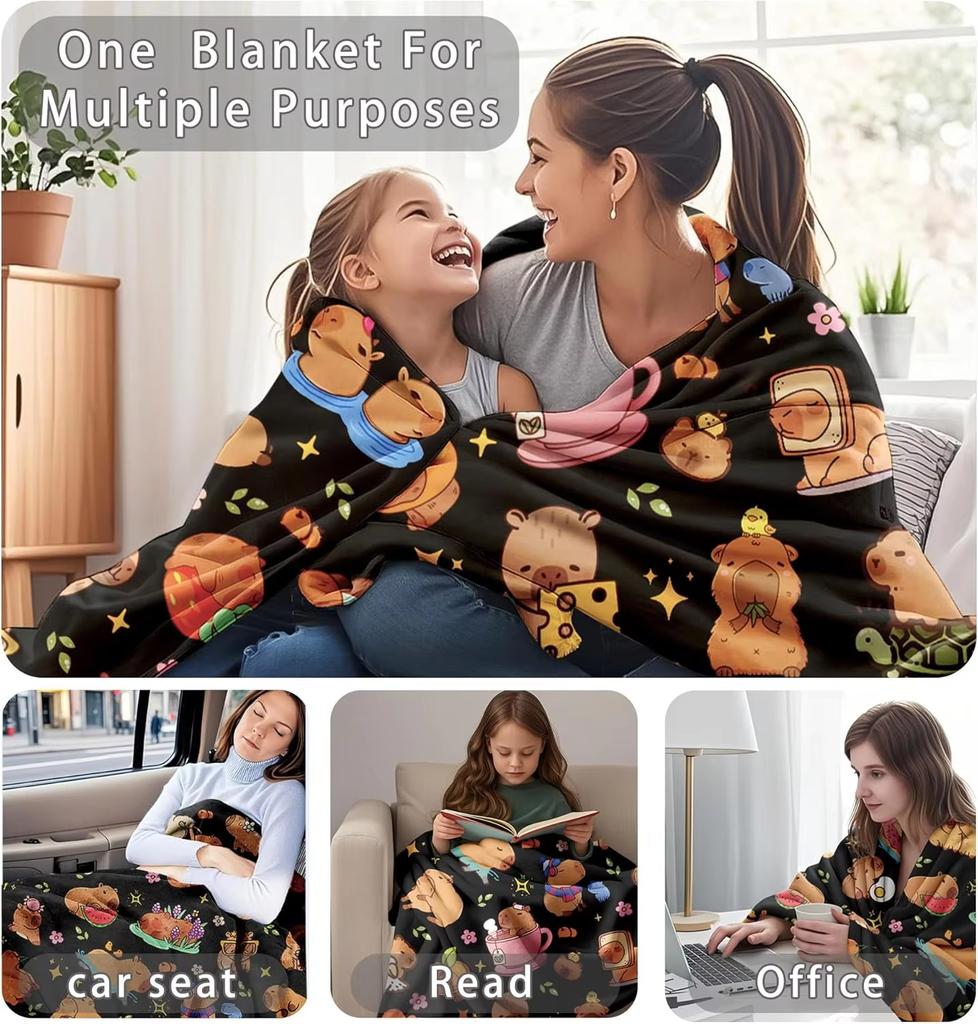 Capybara Blanket Gifts Warm Flannel Capybara Themed Throw Blanket Black Cartoon Decor Bedding For Sofa Bed