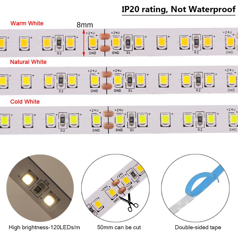5M 10M 15M 20M 24V LED Strip Lights 2835 120LEDs/m IP20 Home Lamp Strip Warm/Natural/White IP68 Flexible Tape for Outdoor Garden