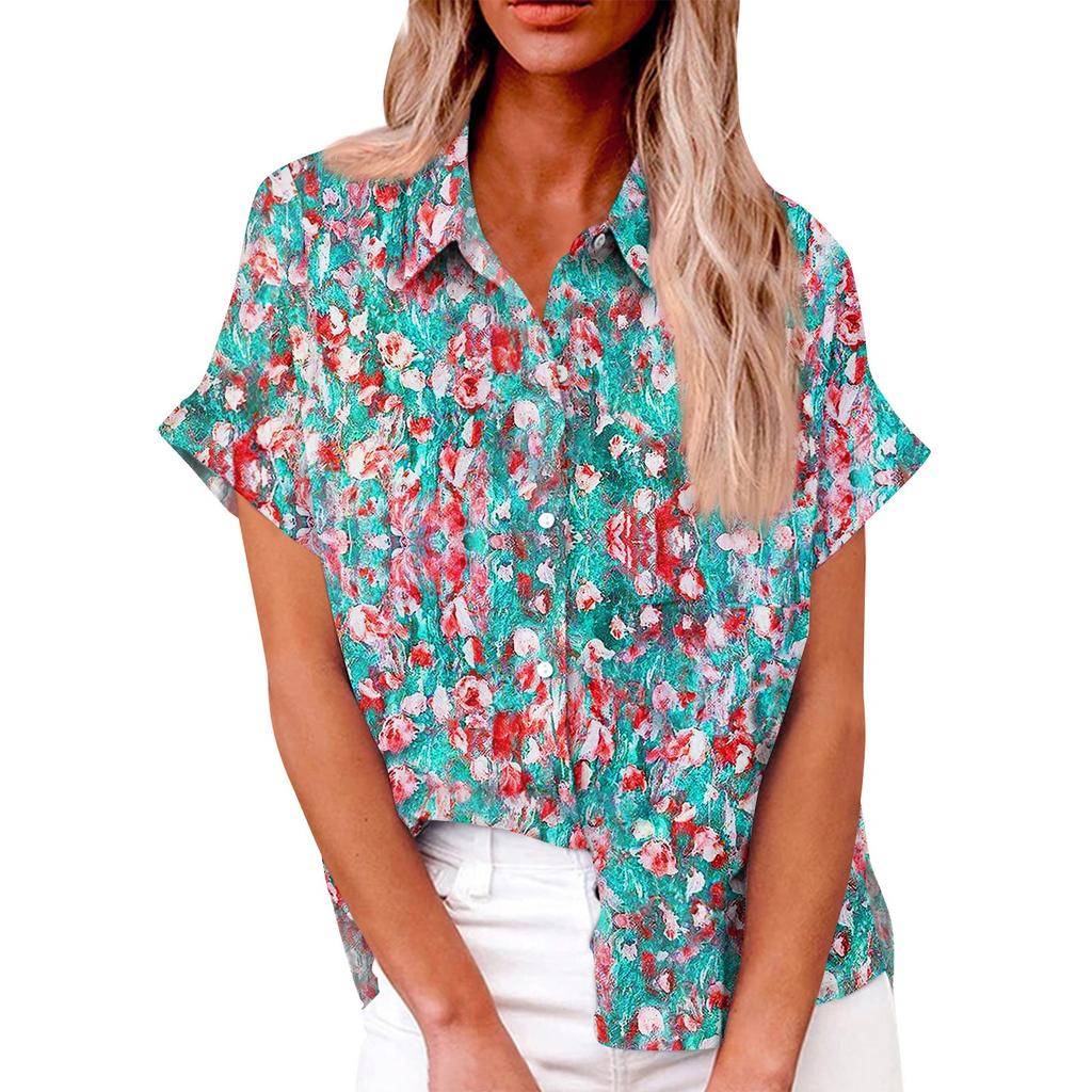 Damă, lejer, lejer, cu mâneci scurte, cu nasturi cu rever, cu imprimeu digital, cu cămașă de top cu buzunar