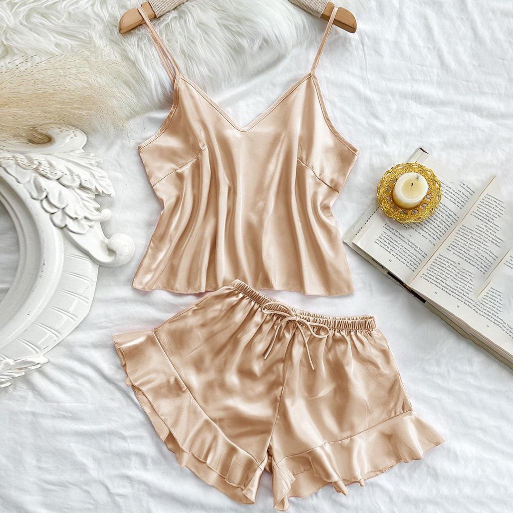 Women's Backless Spaghetti Strap Imitation Silk Pajamas Set - Casual, Fashionable, Sexy Shorts Lounge Wear