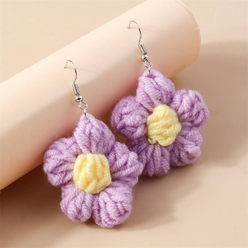 Fashion Colorful Flower Drop Earrings for Women Handmade Knitted Flower Dangle Hooks Earrings Girls Party Holiday Jewelry Gifts