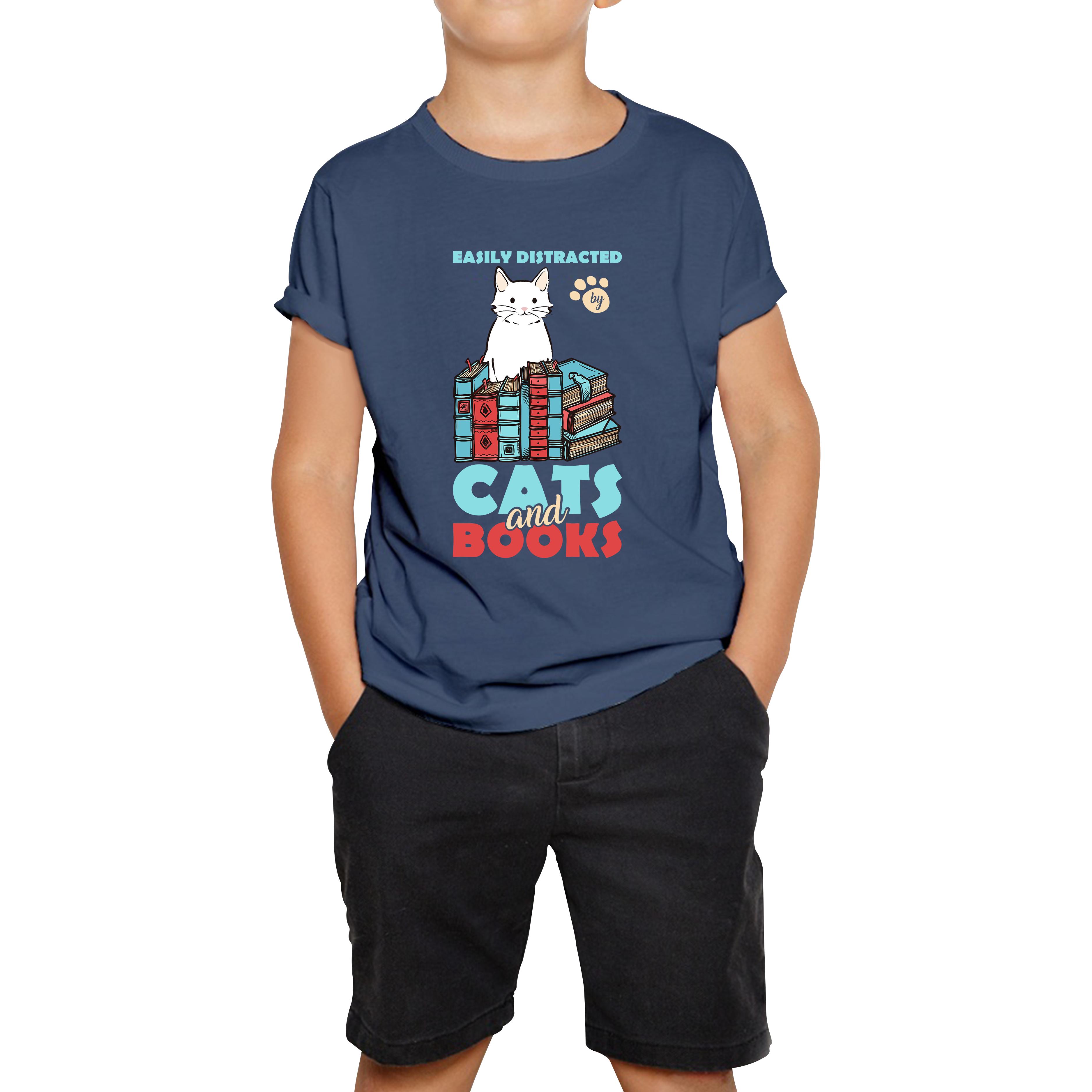 Easily Distracted By Cats And Books Funny Cat Book Reading Quote Kids Tee 140